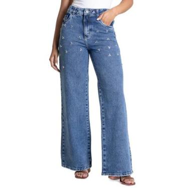 Imagem de Calça Jeans Sawary Wide Leg Strass - 283415 - Azul médio 40, Azul médi