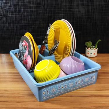 Imagem de Escorredor de Louças Grande de Plástico Resistente Decorado Azul Clean