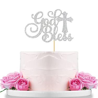 Imagem de WeBenison God Bless Cake Topper Silver Glitter First Communion Baby Shower Party Decorations Bless This Child