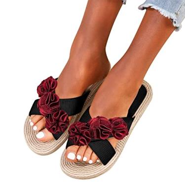 Imagem de Sandálias femininas elegantes de verão planas femininas chinelos de flores planas chinelos de praia floral chinelos de moda chinelos abertos, Vermelho, 9