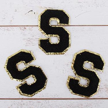 Imagem de Pacote com 3 adesivos de chenille ferro sobre purpurina, letras "S" - Tecido de chenille preto com acabamento em glitter dourado - Costurar ou passar - 5,5 cm de altura