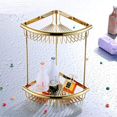 Imagem de Prateleira do banheiro Prateleira de armazenamento de canto de latão, suporte da cesta do banheiro, organizador da cozinha, ouro polido, latão maciço Prateleiras de banheiro