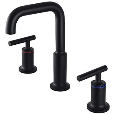 Imagem de Torneira de pia de banheiro ampla com 2 alças sem chumbo moderno comercial latão torneira misturadora de lavatório de banheiro, com ralo pop up de metal de aço inoxidável (preto)