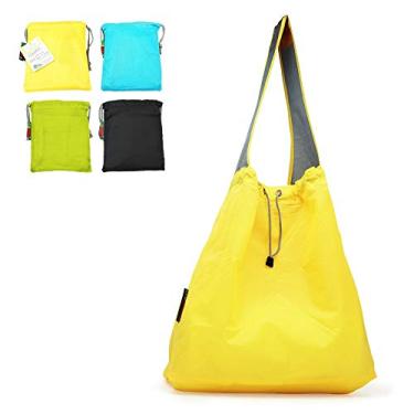 Imagem de Patente pendente: EcoJeannie Pacote com 4 sacos de compras grandes super fortes de nylon ripstop dobráveis com cordão, sacola de mercearia resistente com bolsa embutida, bolso interno, Yellow-Blue-Green-Black, 15.5 H X 15 W X 5 Inch D / 28 Inch Handle, 4