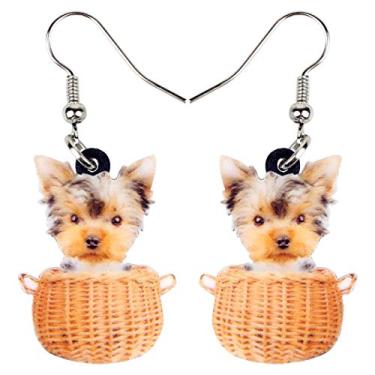 Imagem de DOWAY Brincos de acrílico adorável cesta Yorkshire Terrier pingente gota doce cachorro jóias para mulheres meninas crianças charme presente (bege), Acrílico, Arenito