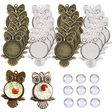 Imagem de Kit de bandejas de pingente Chris.W, 48 peças, bisel com pingente de coruja (prata e bronze) com 24 peças cúpula transparente de vidro para criação de joias com pingente de foto