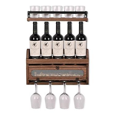 Imagem de Aeumruch Rack de vinho de madeira maciça montada na parede prateleira flutuante de madeira copo de vinho e rack de garrafa com armário de armazenamento decoração de casa e cozinha rack de armazenamento marrom 2 camadas