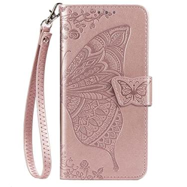 Imagem de Niuuro Capa carteira para LG K53 design de flor borboleta PU couro flip Folio capa com suporte para cartão suporte alça de pulso à prova de choque capa protetora para telefone para mulheres meninas, ouro rosa