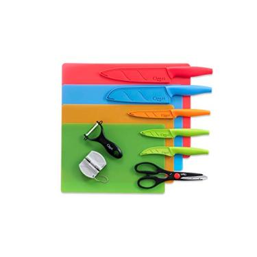 Imagem de Ozeri Conjunto de facas e tapete de corte de aço inoxidável Elite Chef, 17 peças, colorido