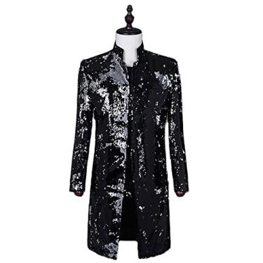 Imagem de Blazer masculino longo de lantejoulas slim fit festa terno de dança jaqueta gola alta casaco casamento noivo roupas jantar leve exterior, preto, 3GG (busto: 118 cm)