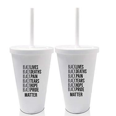 Imagem de 2 Copos com Tampa e Canudo Branco Lista Black Lives Matter