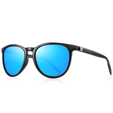 Imagem de MERRY'S Óculos de sol polarizados para mulheres e homens, vintage, retrô, clássico, armação redonda, pernas de alumínio S8288, Armação preta/hastes pretas/lente espelhada azul, Medium
