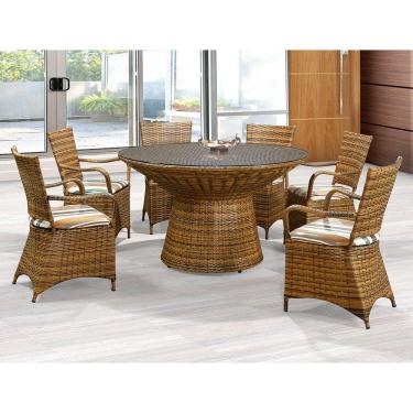 Imagem de Conjunto Mesa Jantar Redonda com 6 Cadeiras em Fibra Sintética Base Aço Maracaipe - Imbuia
