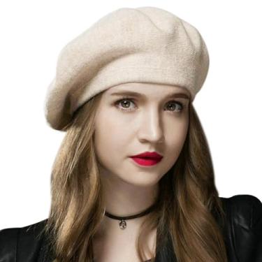 Imagem de Sumolux Boina feminina de lã francesa gorro clássico cor sólida outono inverno chapéus, Bege, Tamanho Único