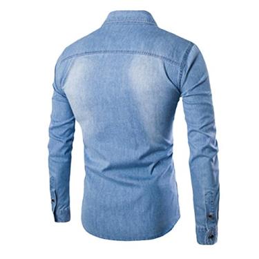 Imagem de Camiseta masculina gráfica blusa manga longa casual moda camisa slim fit jeans outono masculino 60 anos retrô, Azul claro, XXG