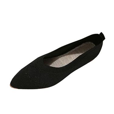 Imagem de CsgrFagr Moda feminina cor sólida respirável tricô pontiagudo raso sapatos casuais taupe sandálias femininas, Preto, 7.5