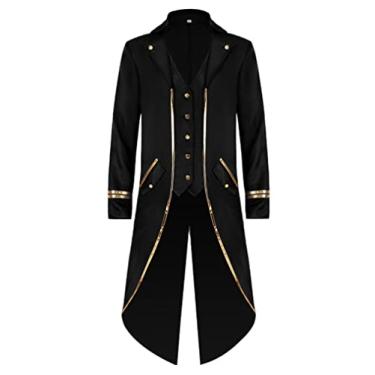 Imagem de Jaqueta vintage steampunk masculina gótica vitoriana VTG fantasia de smoking medieval formal para Halloween, Preto, G