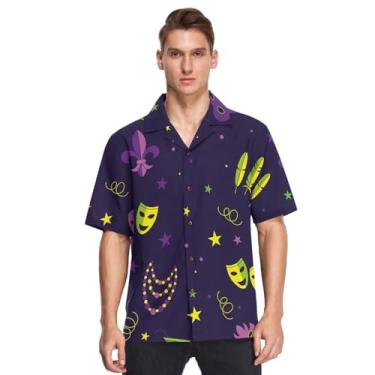 Imagem de Camisa masculina havaiana de botão manga curta Mardi Gras lírio francês roxo verde amarelo estampado camisa de Playa para, Mardi Gras Carnaval Fat Tuesday Roxo, M