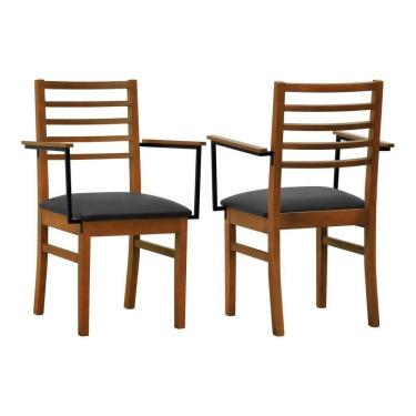 Imagem de Kit 2 Cadeiras Tiê Madeira Maciça Encosto Ripado C-braço Metal - Amêndoa Assento Estofado Corano Preto