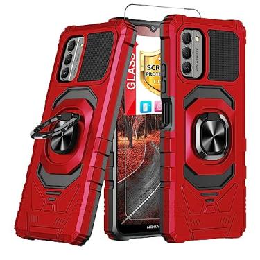 Imagem de TJS Capa compatível com Nokia G100 (N150DL)/Nokia C300 (N155DL), com protetor de tela de vidro temperado, anel de metal, suporte magnético, capa de telefone de proteção resistente (vermelha)