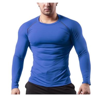 Imagem de Camisa esportiva masculina manga longa cor sólida camiseta atlética slim fit respirável, Azul, G