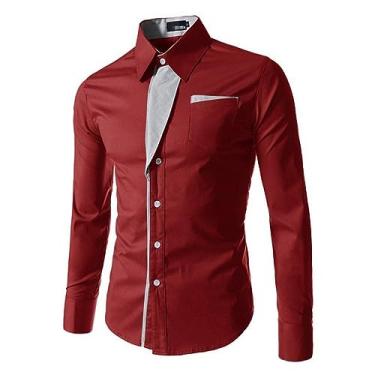 Imagem de Camisa social masculina de manga comprida com bolso e manga comprida com botões, Vermelho, 3G