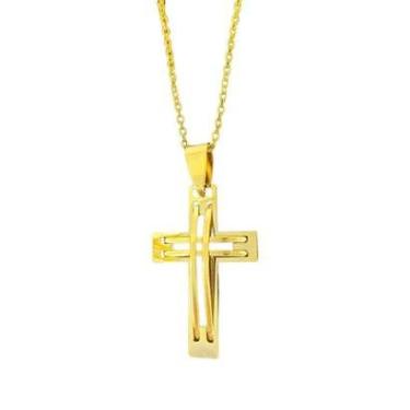 Imagem de Colar feminino crucifixo dourado inox banhado a ouro 50cm pingente cruz CDCV19 corrente gargantilha-Feminino