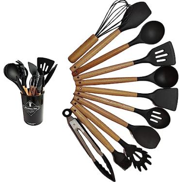 Imagem de Conjunto de utensílios de cozinha de silicone, resistente ao calor, conjunto de espátula, panelas antiaderentes (12 peças preta)