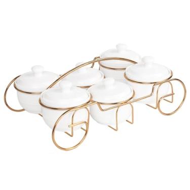 Imagem de Creativity Home Tigelas de doces de cerâmica, bandeja de metal de condimento/açucareiro, 6 tigelas pequenas removíveis com tampa, para lanche, frutas secas, nozes, doces e condimentos - para