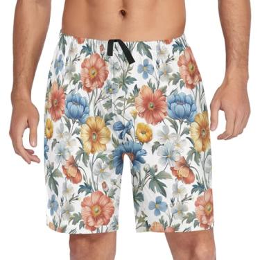 Imagem de CHIFIGNO Bermuda de pijama masculina casual para dormir, calça jogger, calça de pijama masculina com bolsos e cordão, Aquarela vintage floral, P