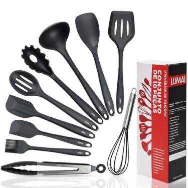 Imagem de LUMAI Kit 10 Utensílios de Cozinha em Silicone e Aço Inox, Resistentes ao Calor e Antirriscos, Não Arranham Panelas, Conjunto Acessórios de Cozinha Completo com Espátula, Pegador, Concha, Colher Preto