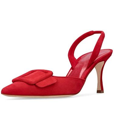 Imagem de Divanne Slingback Pumps, sandálias femininas de salto gatinho com fivela de bico fino, salto alto, sandálias para festas noturnas e casamentos, Camurça vermelha, 36