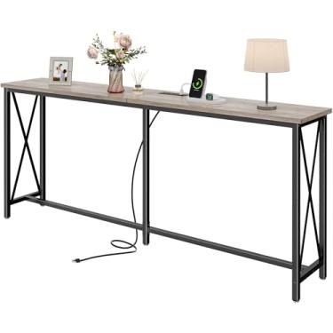 Imagem de SUPERJARE Mesa de console de 178 cm com 2 tomadas, 1 tipo C e 1 porta USB, mesa de entrada extralonga com moldura de metal e barras em forma de X, mesa de sofá estreita para sala de estar, corredor,
