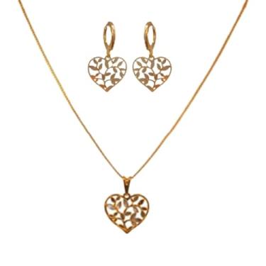 Imagem de Conjunto Colar e Brinco Corrente Veneziana Pingente Arvore da Vida Folheado Ouro 18k Antialérgico