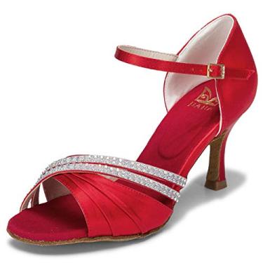 Imagem de JIAJIA 20524 Sandália Feminina de Cetim Salto Flare 7,5cm Sapato para Dança Latina Salsa Profissional Cor Vermelho,Tamanho BR 39/EU 41