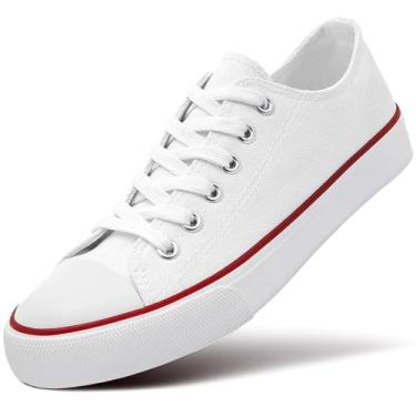 Imagem de ZGR Tênis feminino de lona cano baixo com cadarço clássico casual preto e branco, Branco, 7