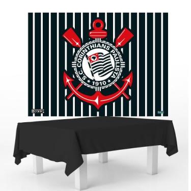 Imagem de Kit Festa Corinthians Decoração Anivers Toalha Preta +Painel - Festcol