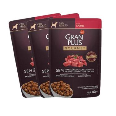 Imagem de KIT 3 Ração Úmida Gran Plus Gourmet Cães Adultos Carne 100g - Granplus