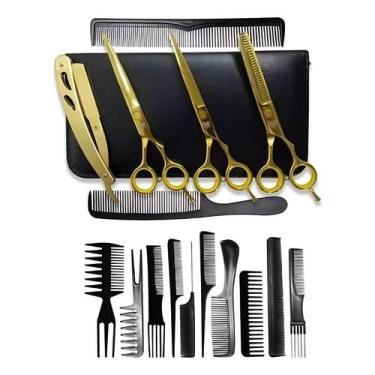 Imagem de Kit 3 Tesoura Fio Laser Fio Navalha Desfiadeira Navalha + 10 Pente - O