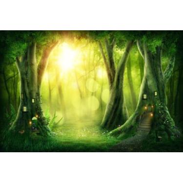 Imagem de Painel de Lona Floresta Verde das Fadas Casa na Arvore Luzes Acessas -