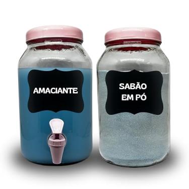 Imagem de KIT LAVANDERIA 1 POTE PARA SABÃO EM PÓ E UM POTE COM TORNEIRA PARA SABÃO LIQUIDO OU AMACIANTE, AMBOS COM 3 LITROS COM LOUSA E GIZ
