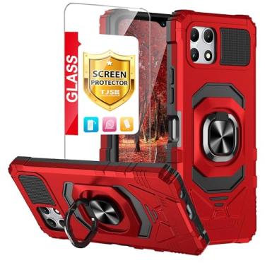 Imagem de TJS Capa compatível com T-Mobile Revvl 7 5G, com protetor de tela de vidro temperado, anel de metal, suporte magnético, suporte, capa resistente de proteção contra quedas (vermelha)