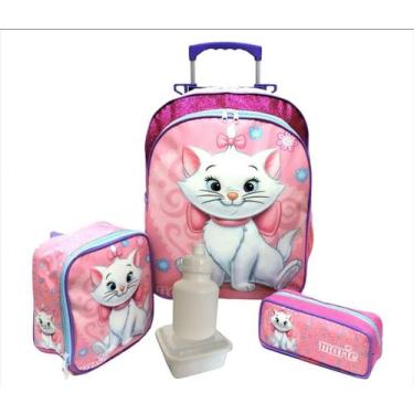 Imagem de Kit Mochila Gatinha Marie Glitter Rodinhas Tam G Rosa F5 + Lancheira -
