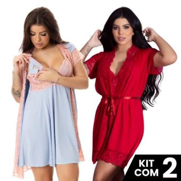 Imagem de Kit 2 Robes Roupão e 2 Camisolas Amamentação Pós Parto Liso Com Renda 