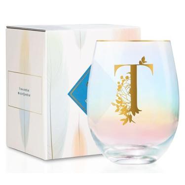 Imagem de Onebttl Presentes de vinho personalizados para mulheres, taça de vinho sem haste fofa com iniciais, presentes de monograma para amantes de vinho em aniversários de Natal, T