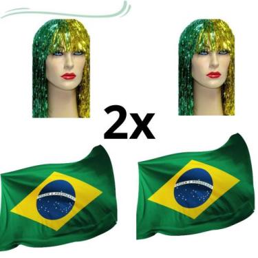 Imagem de Kit 2 Bandeiras do Brasil + 2 Perucas Metalizadas Torcedor - WCAN