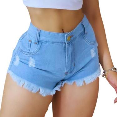 Imagem de Short Jeans Feminino Claro Cintura Alta Botão Dourado Zíper Ruídos Bar