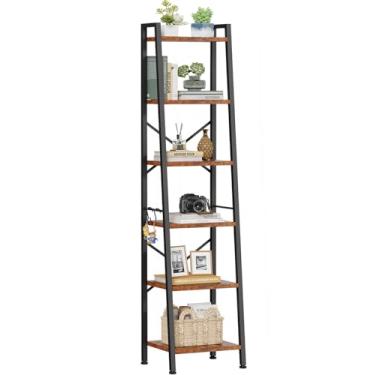 Imagem de Furologee - Prateleira de Escada de 6 Camadas, Estante Industrial com 2 Ganchos, Estilo Rústico, para Sala de Estar, Quarto, Escritório, Banheiro