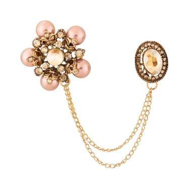 Imagem de Knighthood Broche de flor de pérola champanhe com cristais e detalhes em ouro rosa antigo, broche de lapela de corrente suspensa para homens – Acessório clássico para ternos, blazers e casacos,