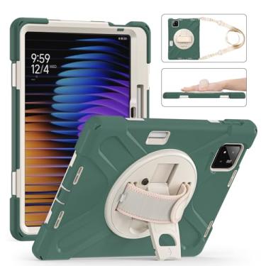 Imagem de GooodiDEAR Capa para Xiaomi Mi Pad 7/7 Pro, capa à prova de choque com suporte giratório 360, alça de mão, alça de ombro, suporte de lápis, capa protetora para tablet, verde esmeralda
